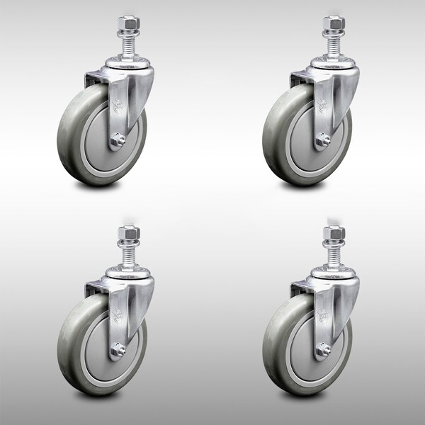 5 Inch SS Gray Polyurethane Wheel Swivel 1/2 Inch Threaded Stem Caster Set SCC